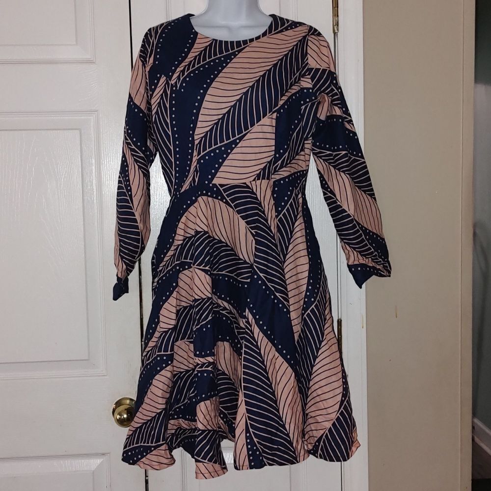 Ray Darten handmade African long sleeve navy blue and light peach dress  Sz M